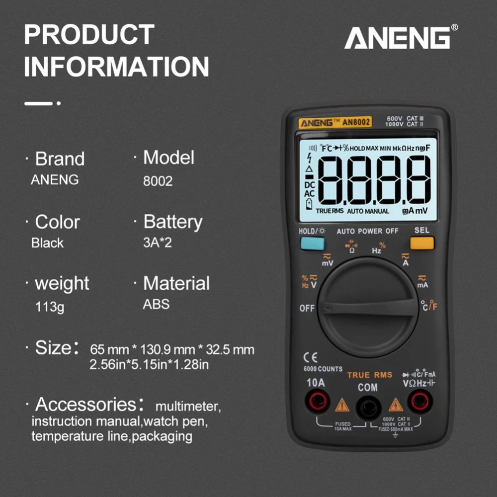 AN8002 Digital Multimeter 6000 Counts Backlight AC/DC Ammeter Voltmeter Ohm Alligator Clip Jumper Wire Test Lead