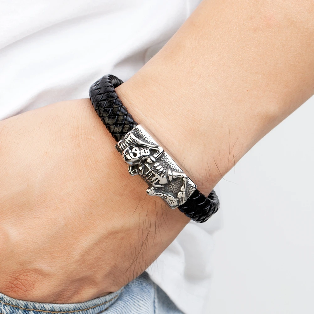 TYO Cool Style Men Leather Bracelets & Bangles Skull Owl Scorpion Snake Braided Wrap Stainless Steel Bracelets For Halloween - Image 2