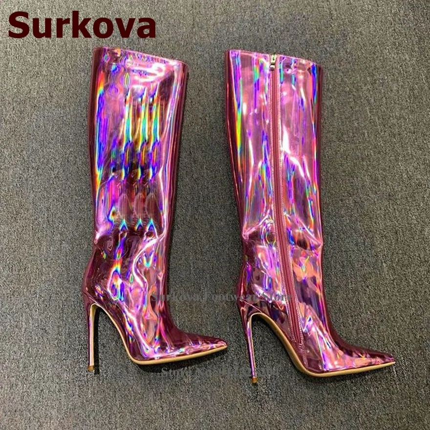 

Surkova Hologram Iridescent Pink Purple Patent Leather Knee Boots Thin High Heel Women Pointed Toe Tall Boots Zipped Dress Shoes