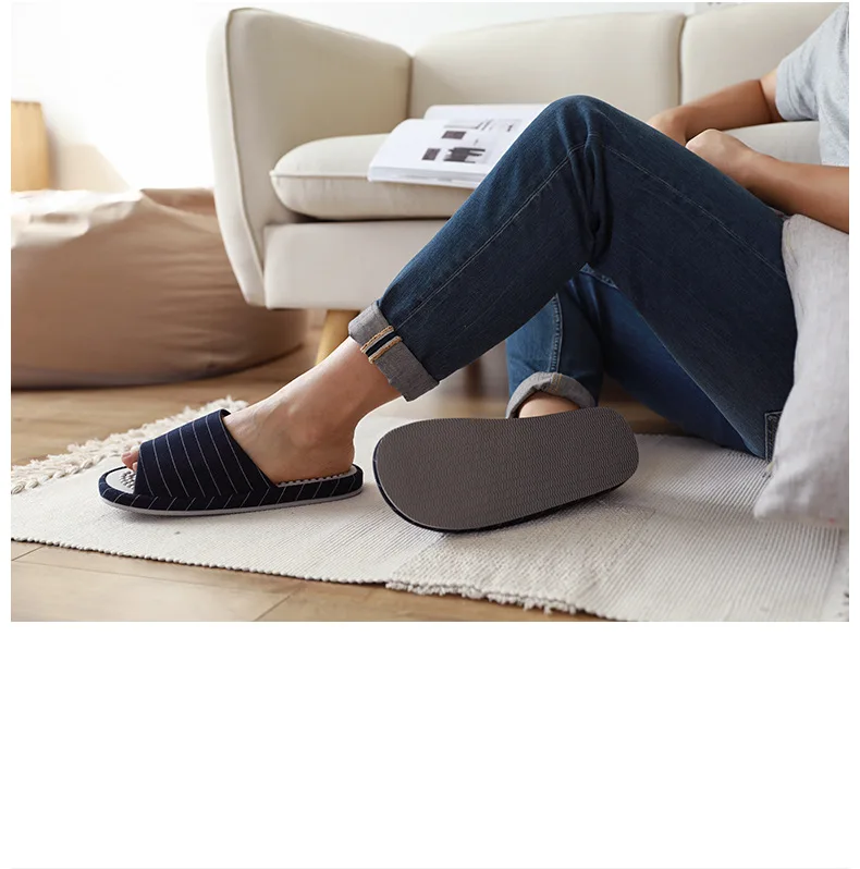 Xioami New men woman spring autumn classic striped home soft massage midsole open cotton slippers Keep warm flip flop