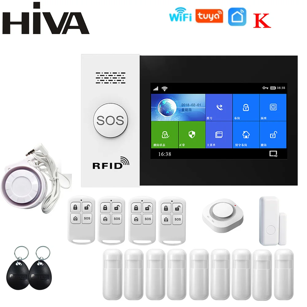 HIVA Alarm Systems Security Home Wifi Gsm with Pir Motion Sensor Tuya Smart Life Alarm work with Alexa elderly emergency button Alarms & Sensors