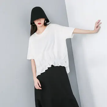 

Summer Round Neck Pleated T-shirt Female Cool Large Irregular Tops And Tees Short Sleeves Pullovers 128CM Chest Free Size