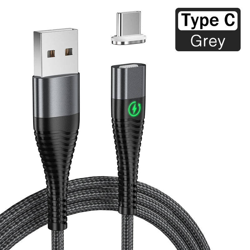 Магнитный светодиодный кабель REDNUT, 1 м, 2 м, Micro usb type C, магнитный usb-кабель для зарядки iPhone X XS Max XR 7 8, huawei, samsung, xiaomi, LG - Цвет: Grey for Type C