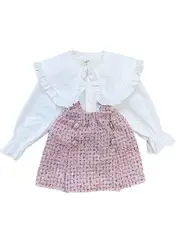Комплекты одежды для маленьких девочек Корейская белая рубашка с длинными рукавами и плиссированным воротником клетчатое платье на