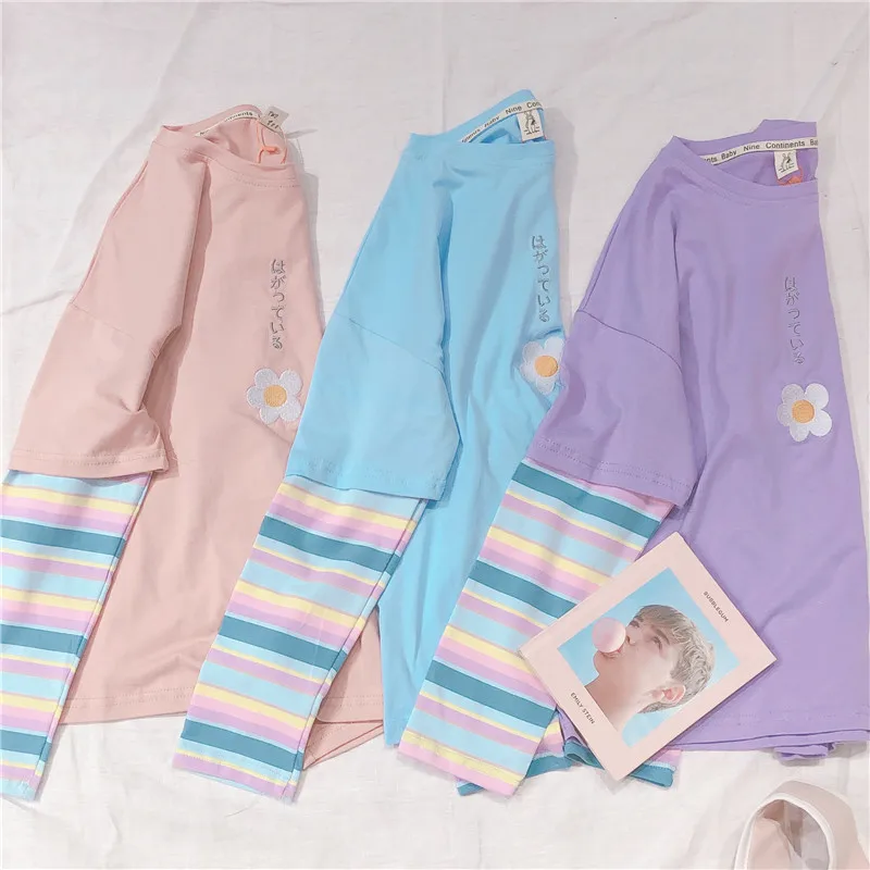  Candy Color Mori Girl Flower Embroidery Hoodies Rainbow Stripe Long Sleeve Ptachwork Pullover False
