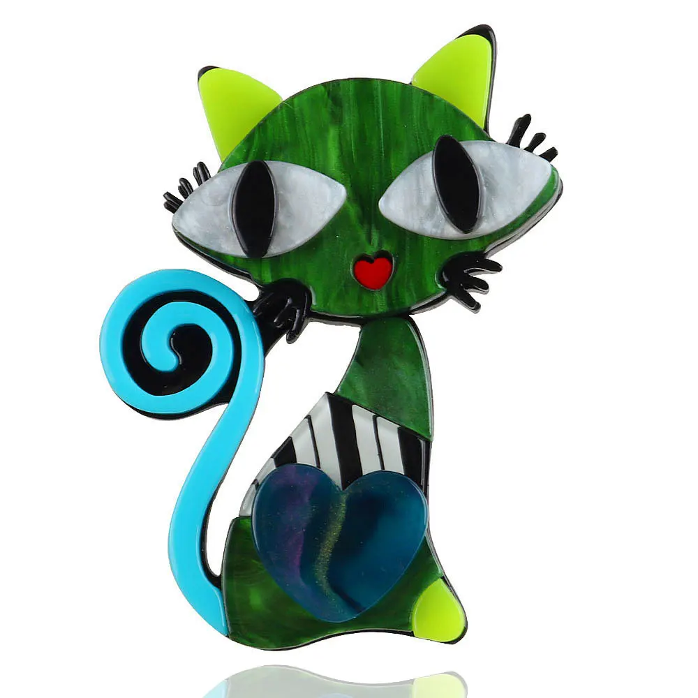 New Creative Green Cat Acrylic Brooch for Women Colorful Heart Animal Cartoon Cat Pins And Brooches Badges Fashion Shirt Jewelry
