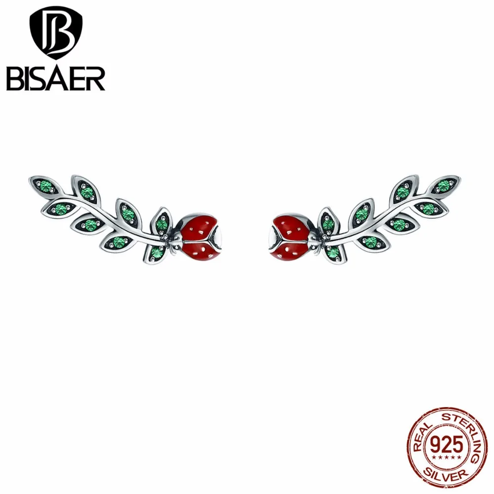 BISAER, 925 пробы, серебряные, коллекция насекомых, Божья коровка с листьями, серьги-гвоздики для женщин, 925 серебряные ювелирные изделия, GXE314