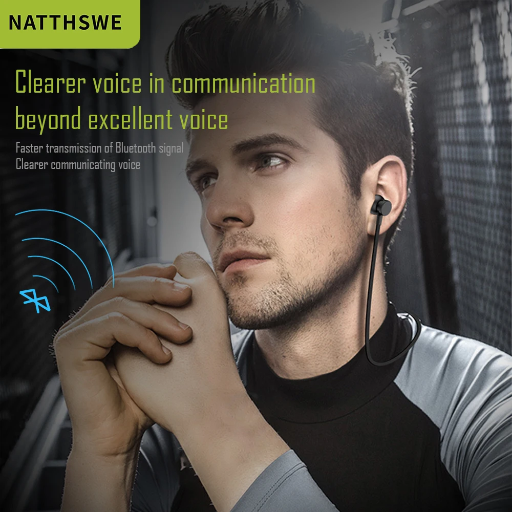 NATTHSWE Bluetooth наушники беспроводные магнитные с микрофоном стерео легкие