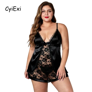 

CyiExi Sheer Floral Lace Satin Women Plus Size Lingerie Babydoll with Thong Sexy Open Back Dress 2 Pieces Sets Female Nightgowns