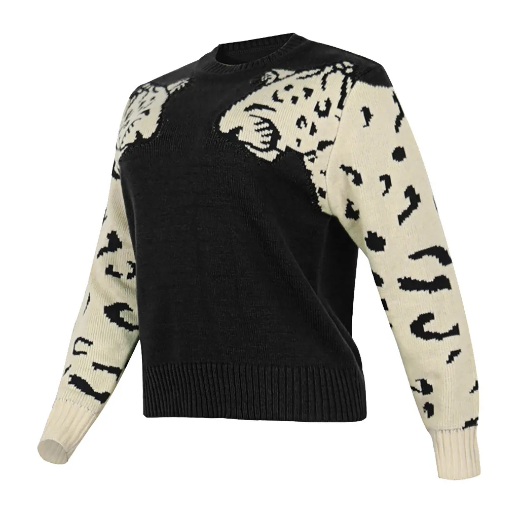 Jaycosin Fashion Women Simple Wild Animal Print Patchwork Sweater Stylish Long Sleeve Comfortable Casual Loose Top Blouse 928#4