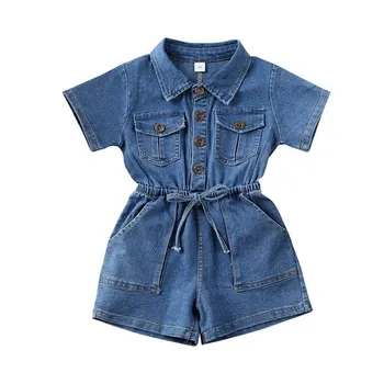 

2020 Baby Boys Girls Unisex Summer Clothing Toddler Kids Baby Girls Solid Blue Denim Rompers One-Piece Jumpsuit Outfit