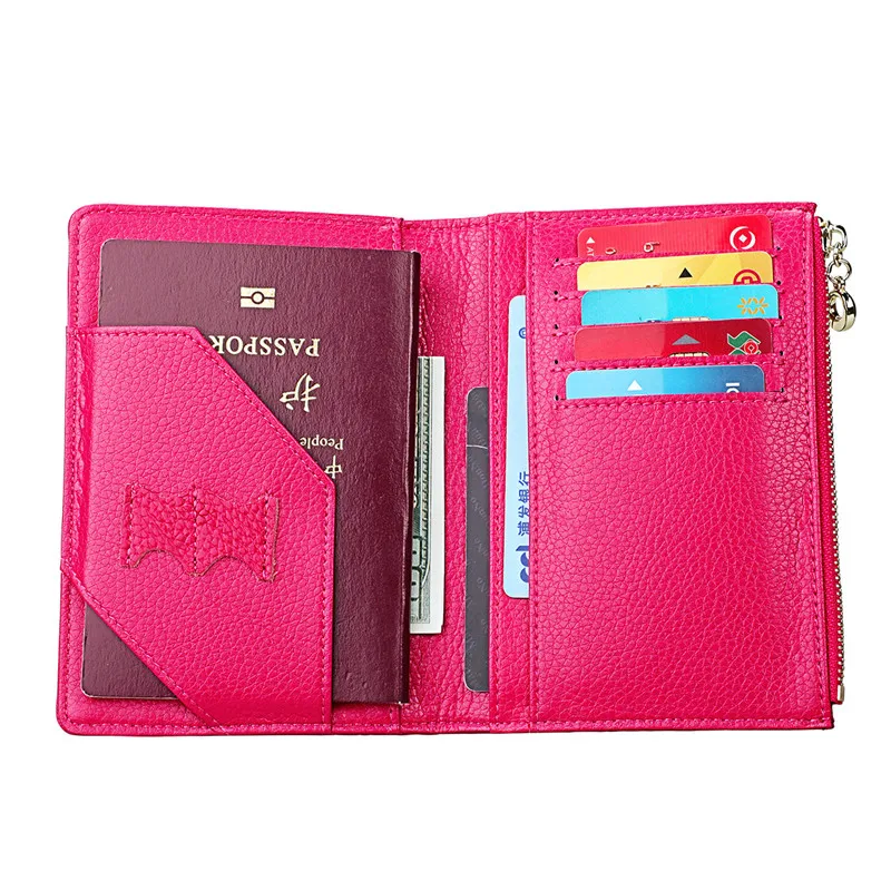 

New Genuine Leather Passport Wallet Vintage Top Layer Cowhide Travel Organizer Zipper Purse Fashion Litchi Pattern Card Holder