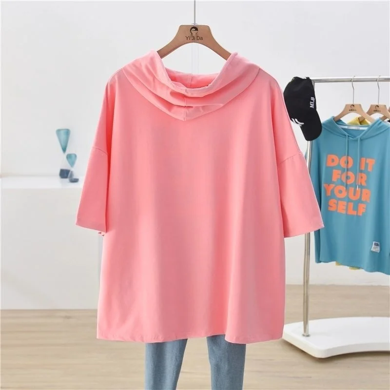 Large Women's Summer Hooded Short Sleeve T-shirt 2021 New Plus Size Candy Color Korean Loose T-shirt Fashion Casual T Shirt graphic tees