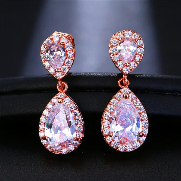 Rose Gold Роскошные женские белые серьги с цирконием модные серебряные розовое золото, клипс серьги Винтажные серьги для невесты для женщин - Окраска металла: Rose Gold