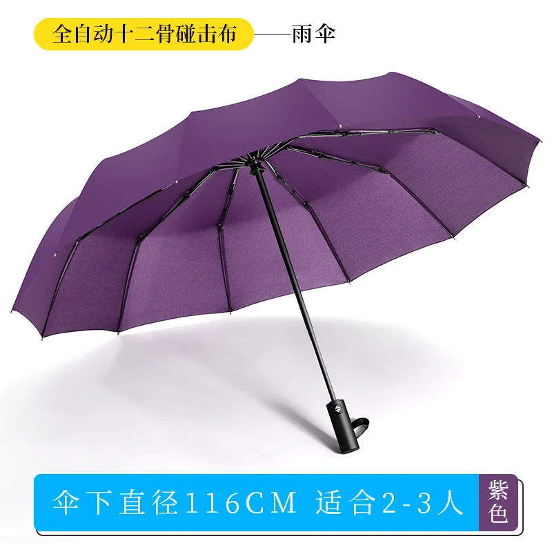 Full automatic ten bone three fold umbrella reinforced wind proof double business umbrella gift advertising umbrella - Цвет: Twelve bone purple