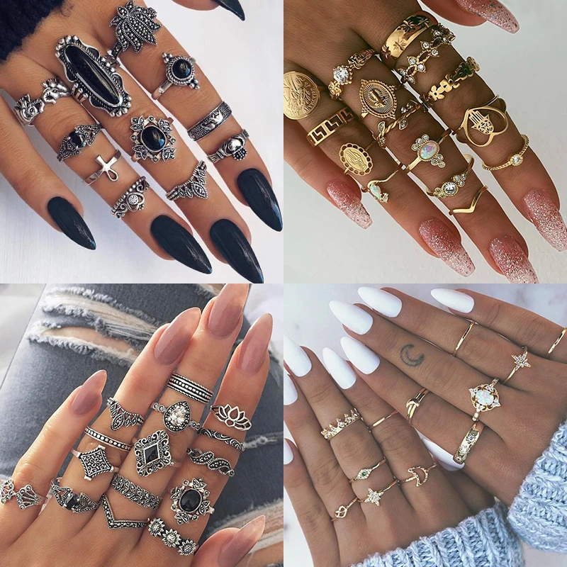 

2020KSRA Boho Vintage Gold Star Knuckle Rings For Women BOHO Crystal Star Crescent Geometric Female Finger Rings Set Jewelry