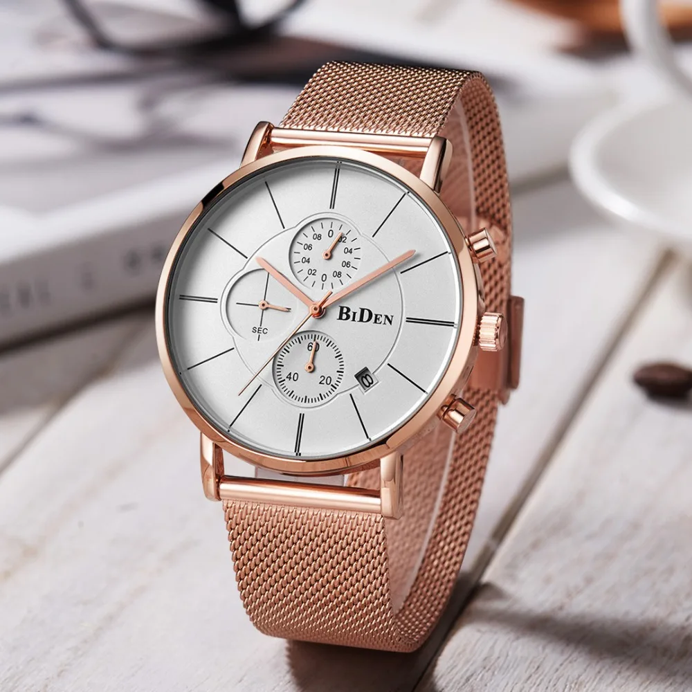 

Watches Men BIDEN Minimalist Quartz Watch Mesh Steel Band Chronograph Wristwatch Function Luxury Male Clock Relojes Para Hombre