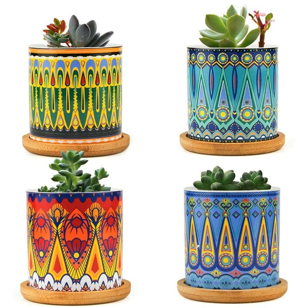 

4PCS Abstract Pattern Flowerpot Resin Cylindrical Succulent Planter Container Ornament For Home Garden Office Desktop Decor