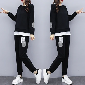 

Casual 2 Piece Sets Women'S black Tracksuits Set Diamond Plus Size Sweatsuit large size Top and Pants Two Piece Sportsuits