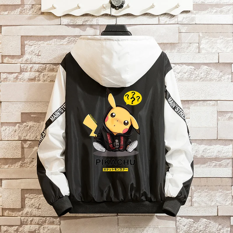 LES KOMAN весна осень новая мужская куртка Покемон Пикачу печати Casul Уличная С Капюшоном сращивания спортивные пальто Верхняя одежда S-5XL - Цвет: Black