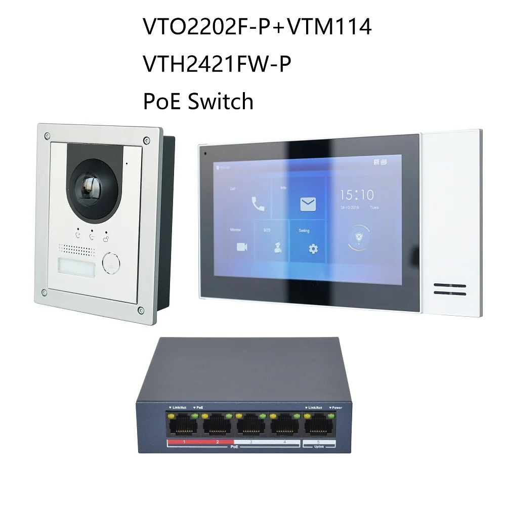 Multi-Language IP Video Intercom KITinclude VTO2202F-P & VTH2421FW-P & PoE switch  SIP firmware