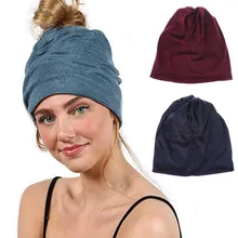 Осенне-зимняя женская шапка для женщин, одноцветная Теплая Шапка-бини, свободная Спортивная повседневная шапка с хвостиком, многоцелевая шапка