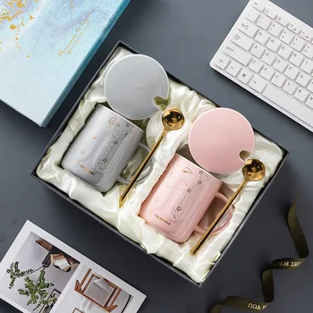

Creative Star Ceramic Mug with Lid Spoon Pink Coffee Cup Gift Box Large Capacity Household Juice Milk Mugs Office Drinking Cups