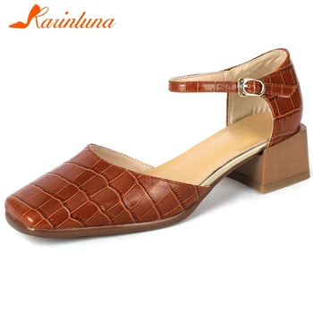

Karinluna New Arrivals 2020 Cow Leather Cover Heel Summer Sandals Woman Shoes Buckle Strap Chunky Heels Shoes Women Sandals