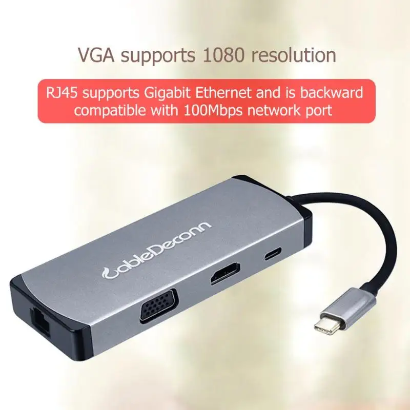 Cabledeconn 8 в 1 концентратор USB C к HDMI+ VGA+ USB 3,0+ RJ45+ type C PD адаптер конвертер для Macbook Pro Dell XPS