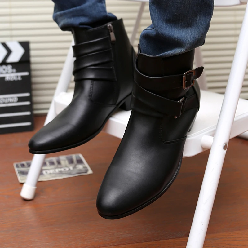 Fashion Men Spring Autumn Pointed Toe Height Increase Chelsea Ankle Boots Western High Top Casual Shoe PU Leather men chelsea boots men leather shoes