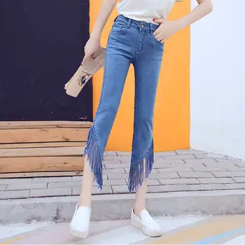 

Fringed jeans summer new female nine points feet pants tight casual blue jeans 2019 autumn pencil pants solid color women jeans