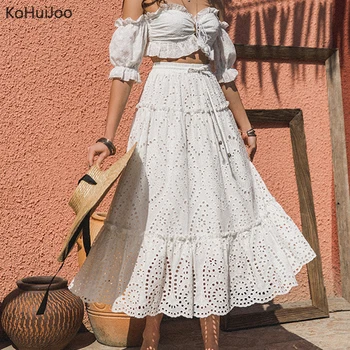 

Women Long Lace Skirt White Summer 2020 Loose Elastic Waist Expansion Cake A- Line Skirt Female Maxi Long Holiday Beach Skirt