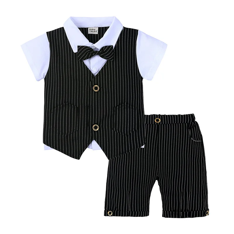Весенне-осенний комплект одежды в джентльменском стиле из 2 предметов для маленьких мальчиков, Повседневная футболка с фальш-жилетом галстук, Короткие штаны комплекты для маленьких мальчиков - Цвет: Черный
