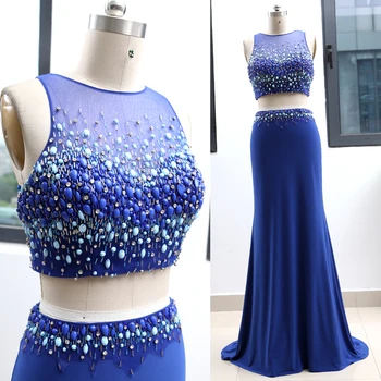 

MACloth Blue Sheath O Neck Floor-Length Long Crystal Jersey Prom Dresses Dress M 263282 Clearance
