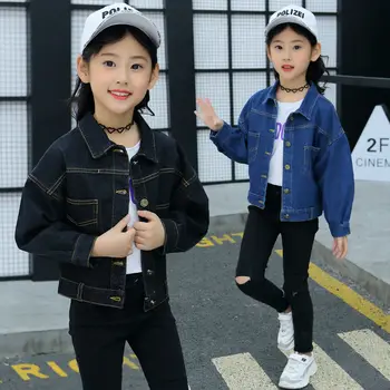 

INS hot Girls denim jacket 4-13 years old kids windbreaker spring and autumn student coat solid color sewing thread outwear