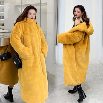 

Fashion Women Winter Faux Rabbit Fur Warm Long Coat Long Sleeve Hooded Female Thick Coat Ladies Casual Loose Oversize Outwears