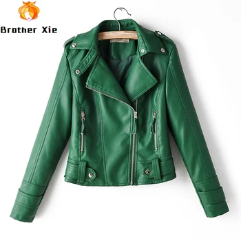 

2020 New Women Autumn Pu Leather Jacket Short Design Faux Soft Leather Coat Slim Black Red Rivet Zipper Motorcycle Jackets