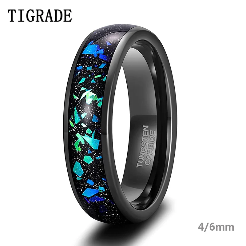 Tigrade 4/6Mm Mens Fedi Nuziali In Tungsteno Galaxy Creato-Opale Intarsio Fedi Nuziali Per Donna Sabbia Nera Bicolore Comfort Lucido