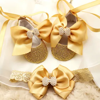 

New arrival gold baby baptism shoes newborn princess shower gift pearl shoes baby girl christening gift