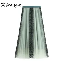 Kinsaga, кружевная Лоскутная плиссированная юбка в сеточку, весенняя, Корейская, негабаритная, длинная, женская юбка, галстук-бабочка, открытая, бальное платье, юбки