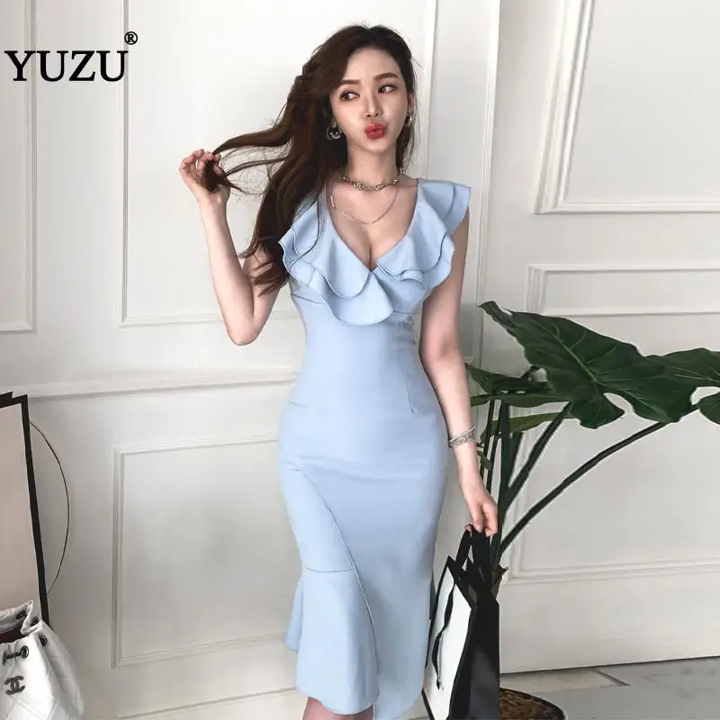 

Ruffles Light Blue Dress Office Lady Sexy Party Night V Neck Sleeveless Bodycon Irregular Hem Solid Knee-length Dresses