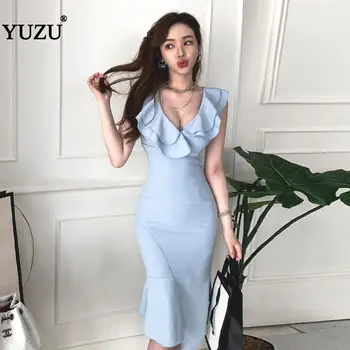 

Ruffles Light Blue Dress Office Lady Sexy Party Night V Neck Sleeveless Bodycon Irregular Hem Solid Knee-length Dresses