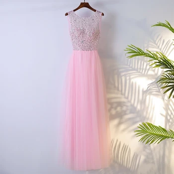 

Beaded Crystal Tulle Long Evening Dresses Pink Floor Length Evening Prom Gowns O-Neck New Party Dress vestido de gala