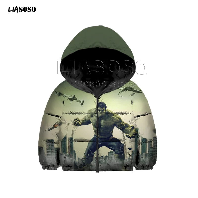 LIASOSO-зимний детский пуховик Куртка с Халком и 3D-принтом из фильма для мальчиков и девочек детский пуловер в стиле «мстители» в стиле хип-хоп
