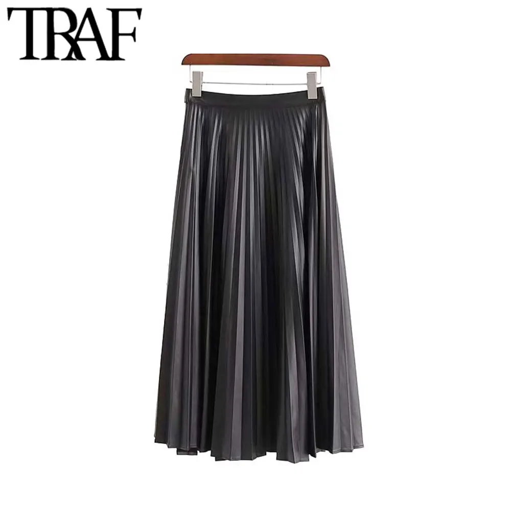 TRAF, женская, винтажная, элегантная, искусственная кожа, плиссированная, нестандартная, миди юбка, модная, пуговицы, летят, женская, искусственная кожа, юбки, повседневная, Faldas Mujer