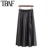 TRAF, женская, винтажная, элегантная, искусственная кожа, плиссированная, нестандартная, миди юбка, модная, пуговицы, летят, женская, искусственная кожа, юбки, повседневная, Faldas Mujer