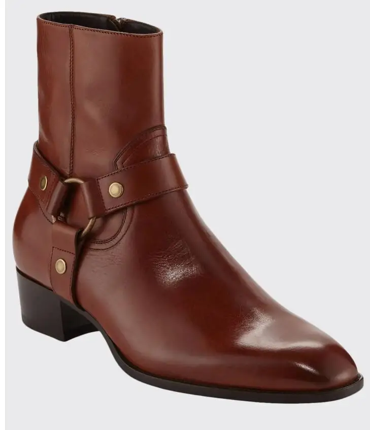 

Men Fashion Pu Leather Buckle Strap with Zipper Ankle Shoes Pointed Toe Med Heel Boots Male Casual Classic Chelsea Boots TV798