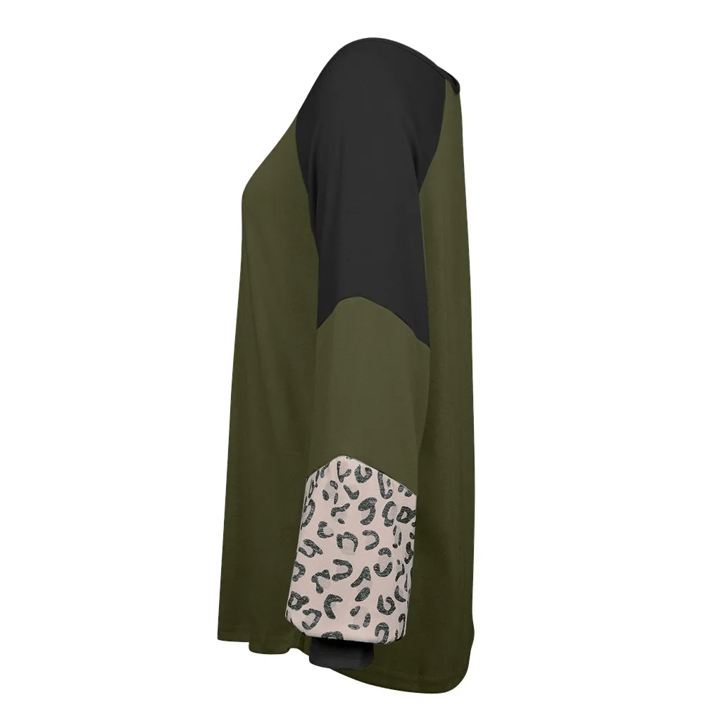 2019 ladies leopard solid color stitching long-sleeved shirt sweater 
