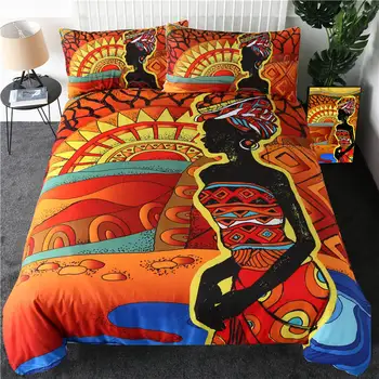 

African Bedding Set King People Woman Duvet Cover Desert Geometric Home Textiles Red Orange Sun Bedclothes 3-Piece