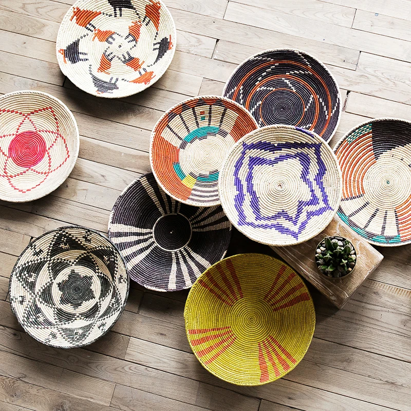 Handmade Straw Plates Ornaments Wall Background Decoration Country Style Fruit Plate Art